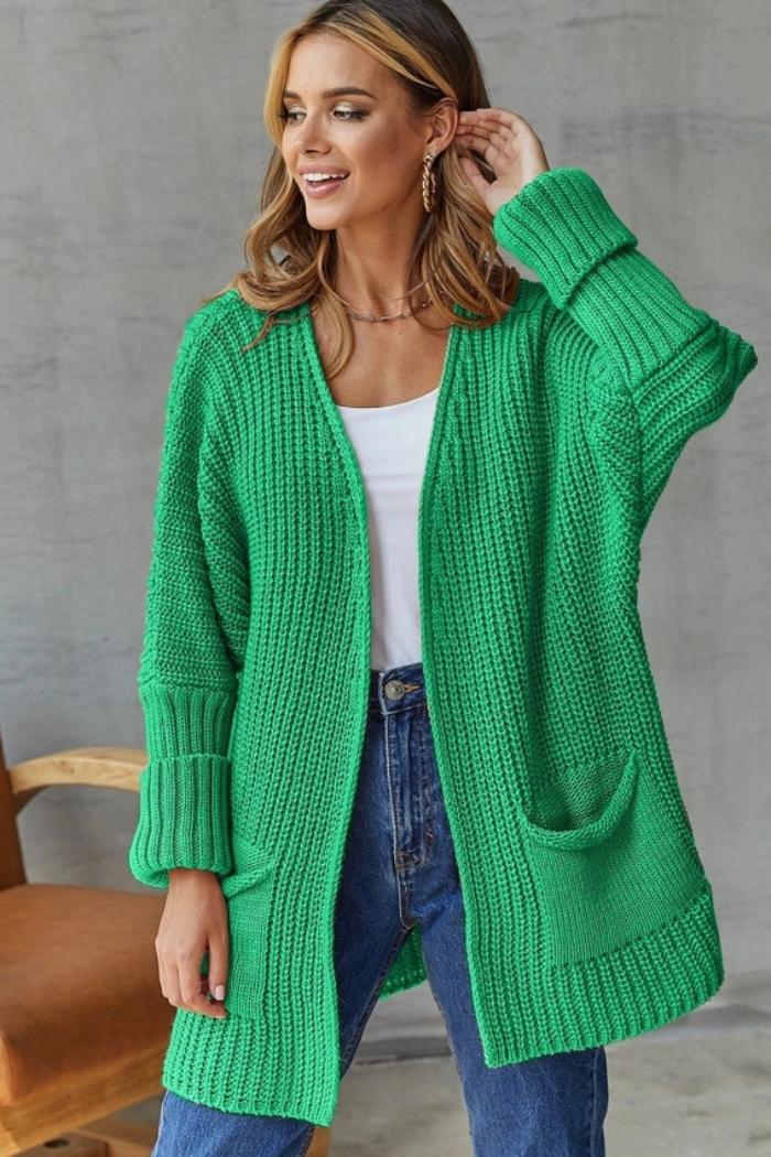 Solid Color Pocket Mid-Length Knitted Cardigan Product Image