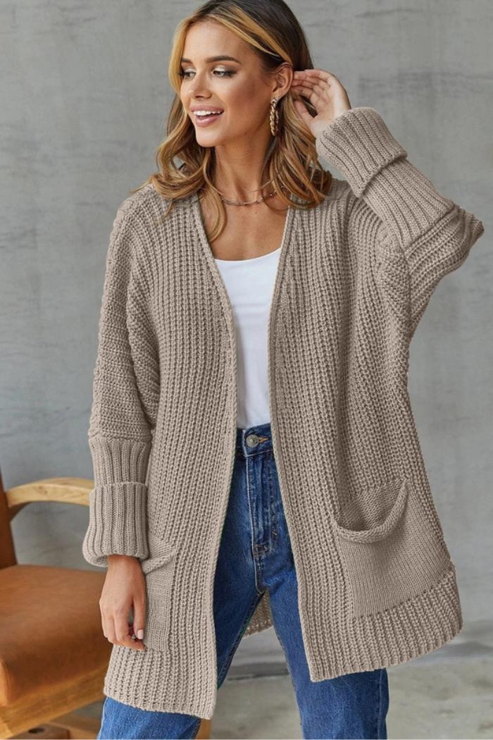 Solid Color Pocket Mid-Length Knitted Cardigan Product Image