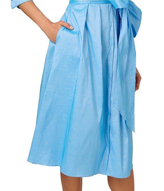 Adrianna Papell Silky Taffeta Collared V-Neck Oversize Bow Sash 3/4 Sleeve Button Front Shirt Midi Dress Product Image