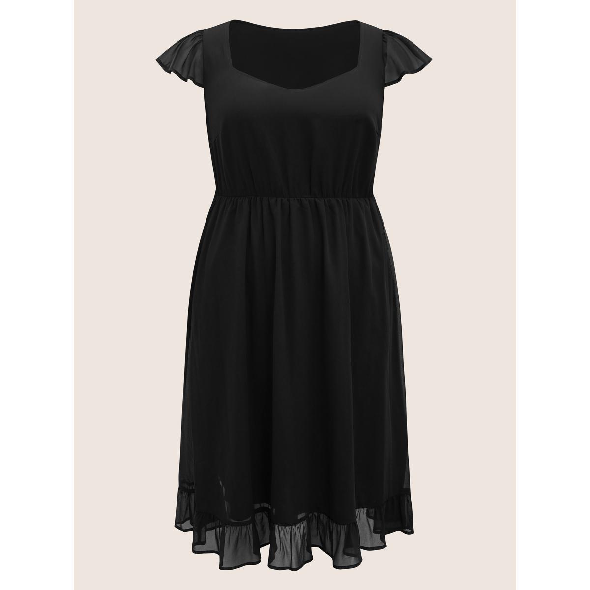 Plus Size Mesh Patchwork Ruffle Cap Sleeve Midi Dress Black Women Elegant See through Heart neckline Cap Sleeve Curvy BloomChic 22-24/3X Product Image