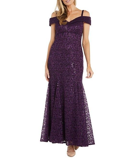 R & M Richards Off-the-Shoulder Cap Sleeve Floral Lace Mermaid Gown Product Image