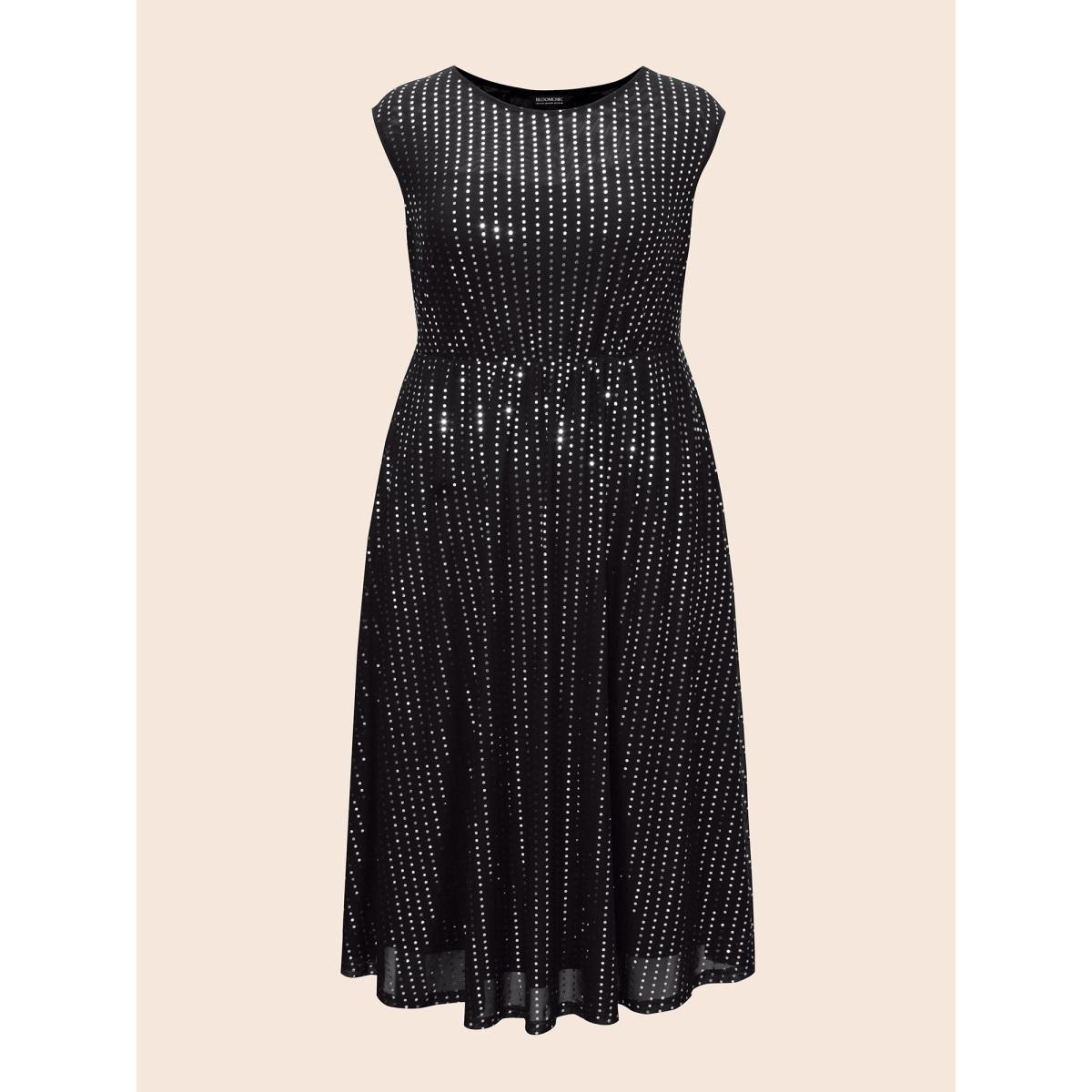 Plus Size Round Neck Sequin Mesh Tank Dress Black Women Cocktail Texture Round Neck Sleeveless Curvy BloomChic 18-20/2X Product Image