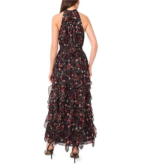 1. STATE Floral Print Halter Neck Sleeveless Tiered Ruffle Maxi A-Line Maxi Dress Product Image
