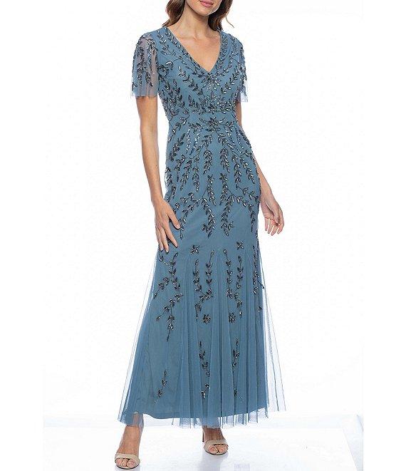 Marina Beaded Mesh Short Sleeve V-Neck Gown Product Image