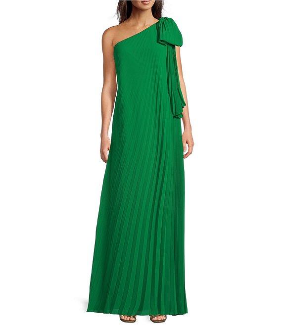 Belle by Badgley Mischka Anna One Shoulder Bow Pleated Dress Product Image