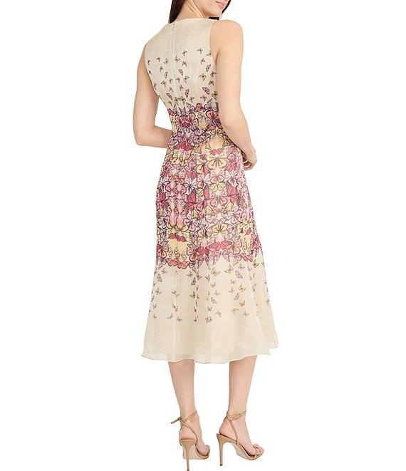 Maggy London Illusion Boat Neck Sleeveless Butterfly Printed Organza Trumpet Midi Dress Product Image