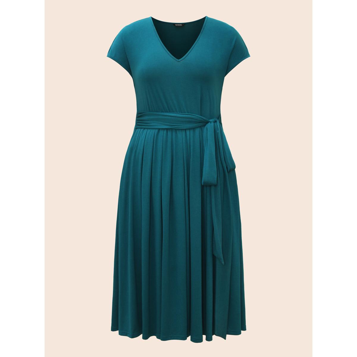 Plus Size Solid Tie Knot Pleated Cap Sleeve Dress Aegean Women Elegant Tie knot V-neck Cap Sleeve Curvy BloomChic 14-16/1X Product Image