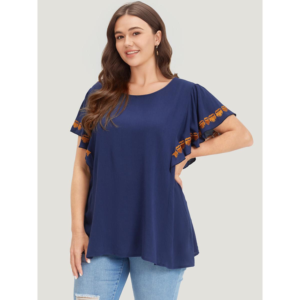 Plus Size Indigo Contrast Embroidered Ruffle Trim Crew Neck Blouse Women Elegant Short sleeve Round Neck Dailywear Blouses BloomChic 14-16/1X Product Image