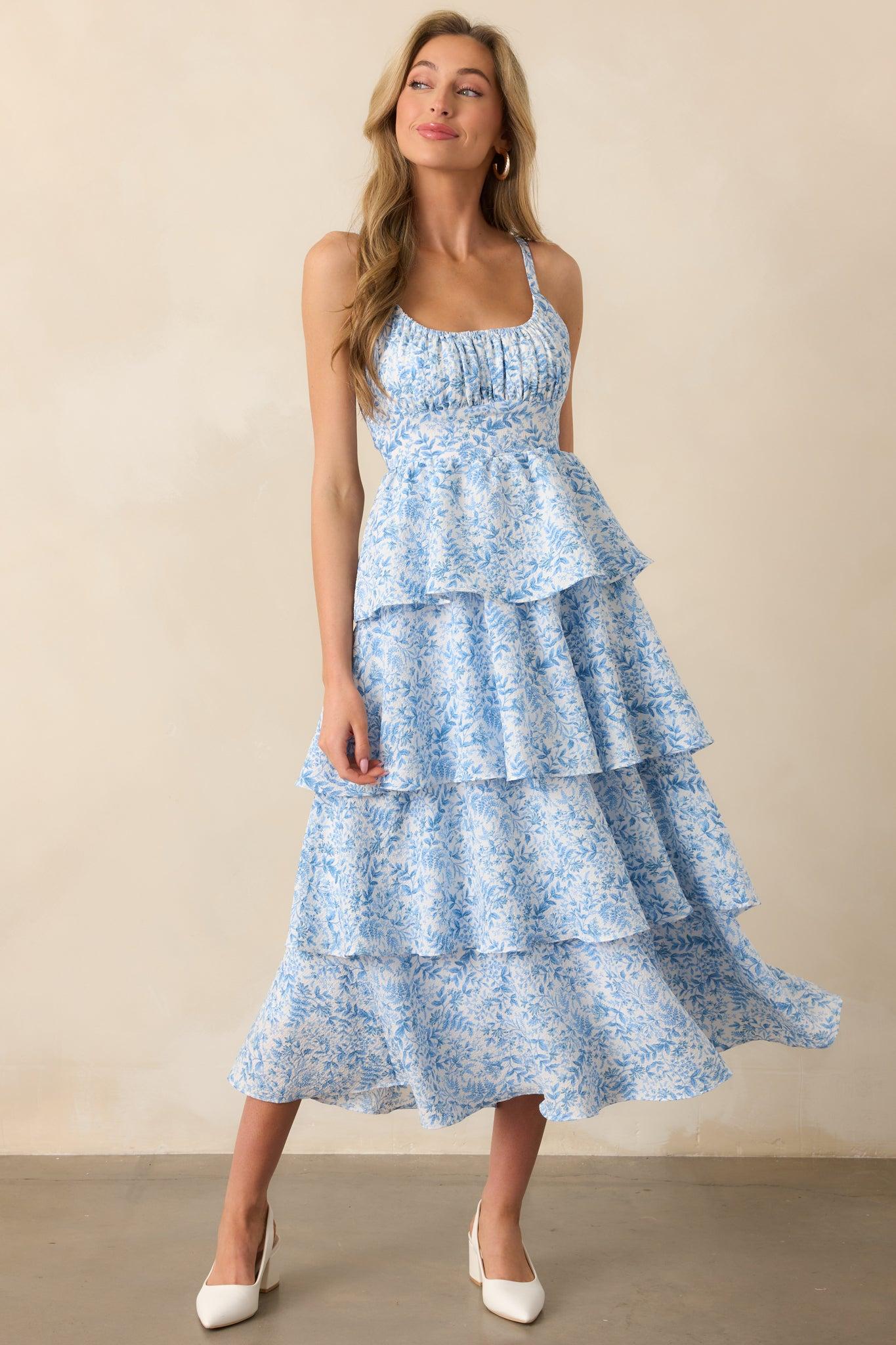 Little Bit Of Sunshine Blue Floral Tiered Maxi Dress Product Image