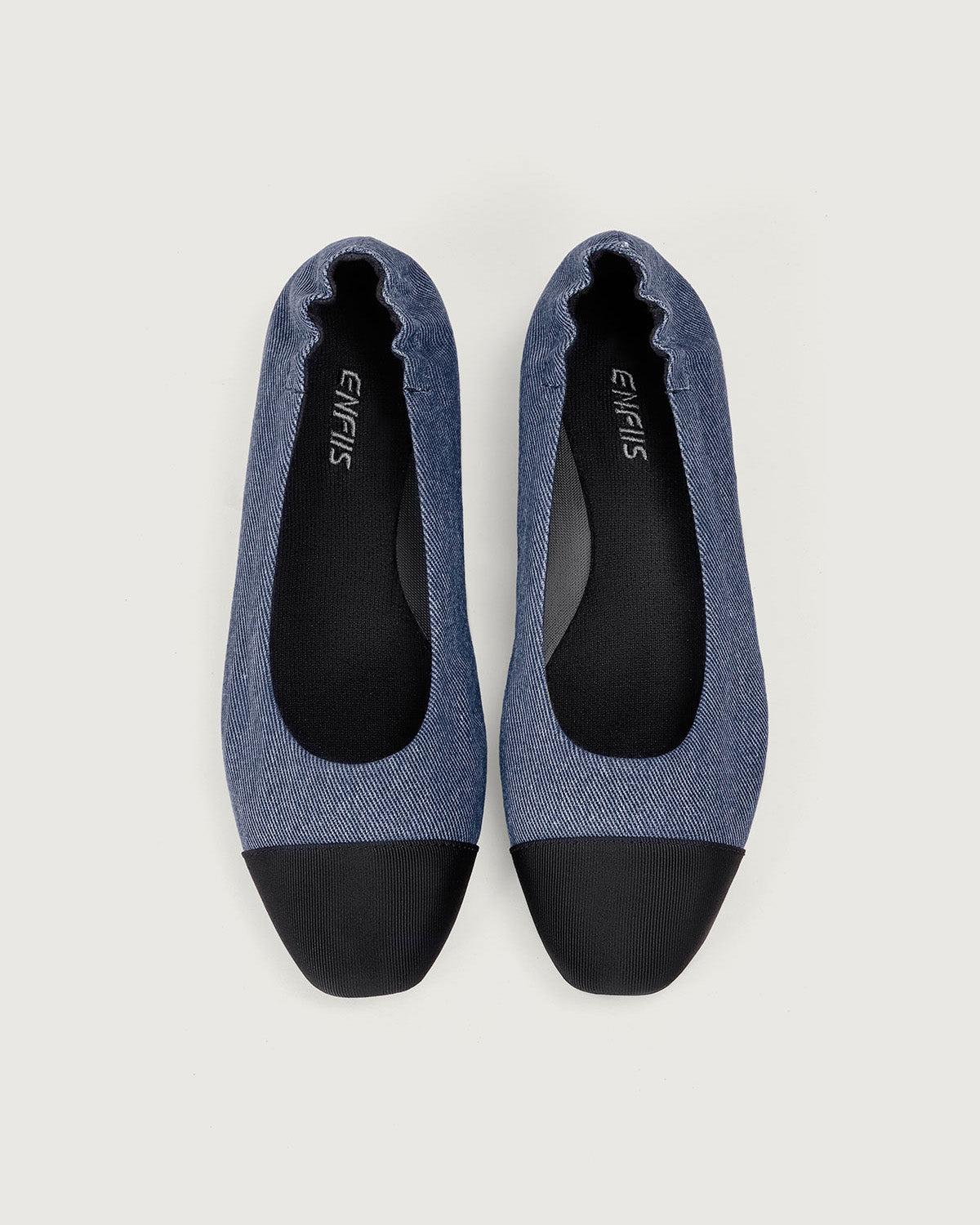 Enfiis Blue Twill Denim Square Toe Ballet Flats Product Image