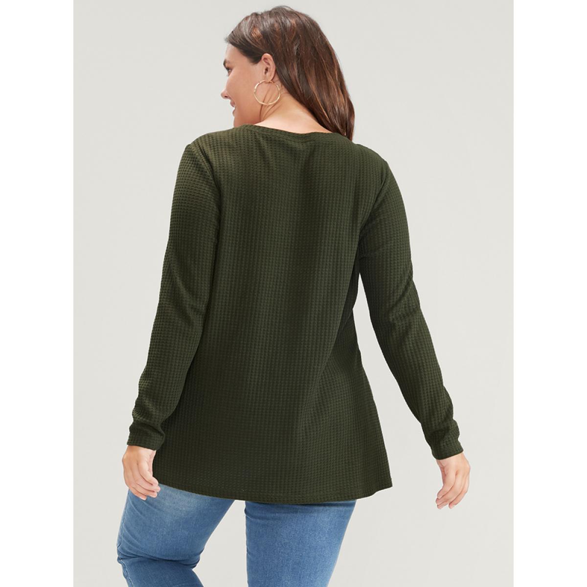 Plus Size Solid Crochet Lace Waffle Knit Sweatshirt Women ArmyGreen Elegant Patchwork Round Neck Dailywear Sweatshirts BloomChic 26/4X Product Image