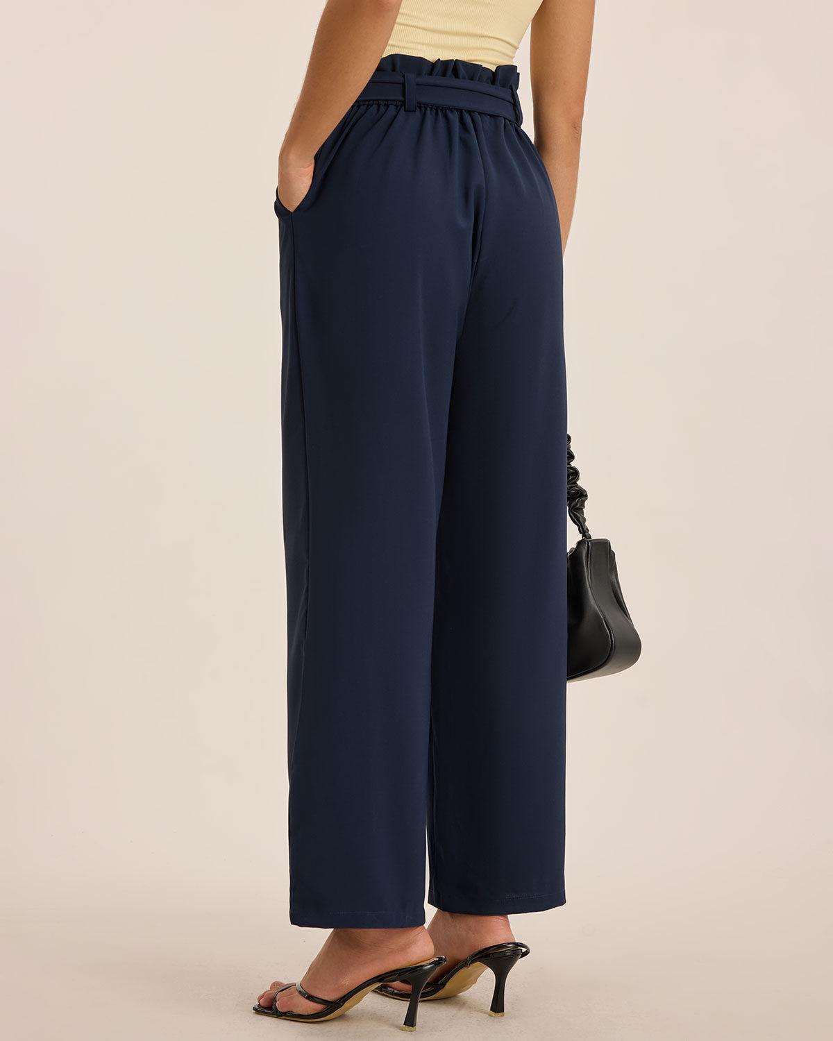 Blue Ruched Straight Pants Product Image
