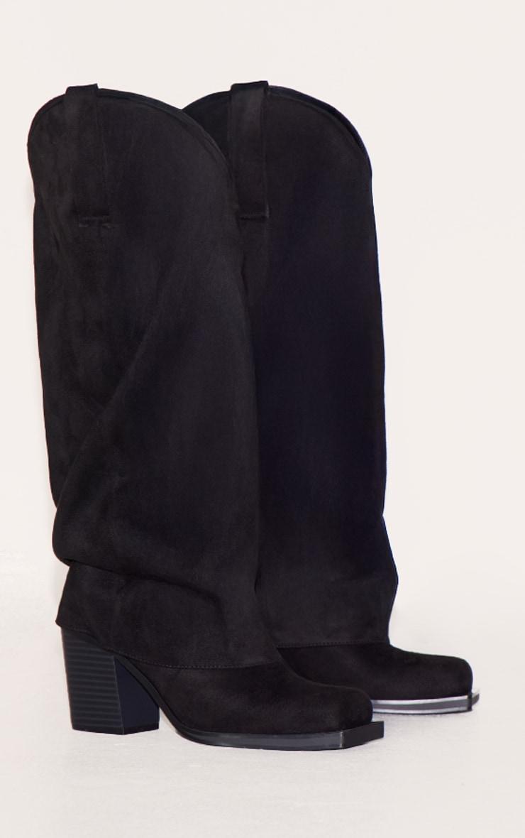 Black Suede Square Toe Fold Over Knee High Block Heel Western Boots Product Image