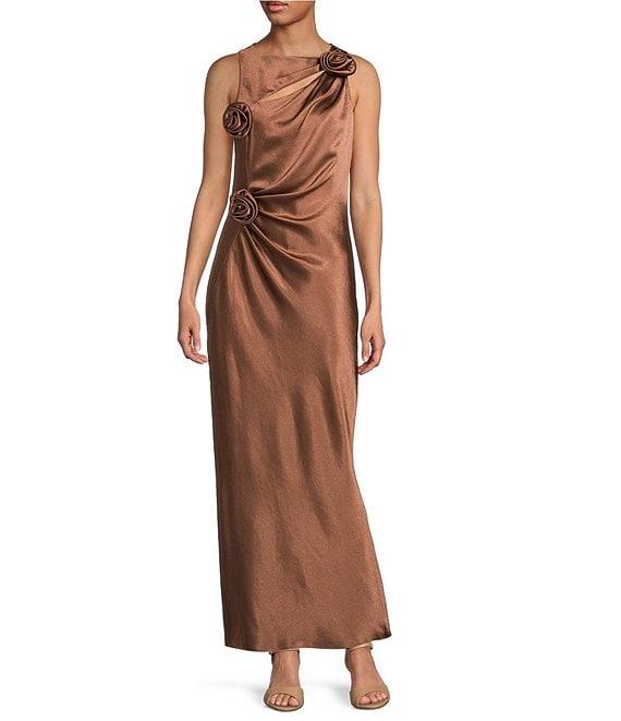 Gianni Bini Cheyanne Satin 3D Rosettes Cutout Round Neck Sleeveless Ruched Slip Maxi Dress Product Image