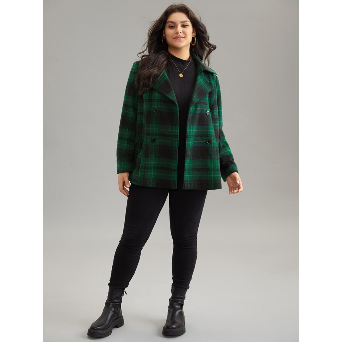 Plus Size Double Breasted Lapel Collar Pocket Belted Jacket Women DarkGreen Belted Pocket Belt Dailywear Jackets BloomChic 12/L Product Image