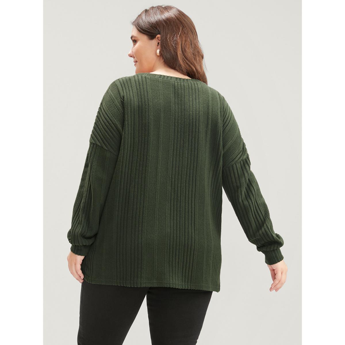 Plus Size Solid Round Neck Pearls Beaded Rib Knit Sweatshirt Women DarkGreen Casual Beaded Round Neck Dailywear Sweatshirts BloomChic 28/5X Product Image