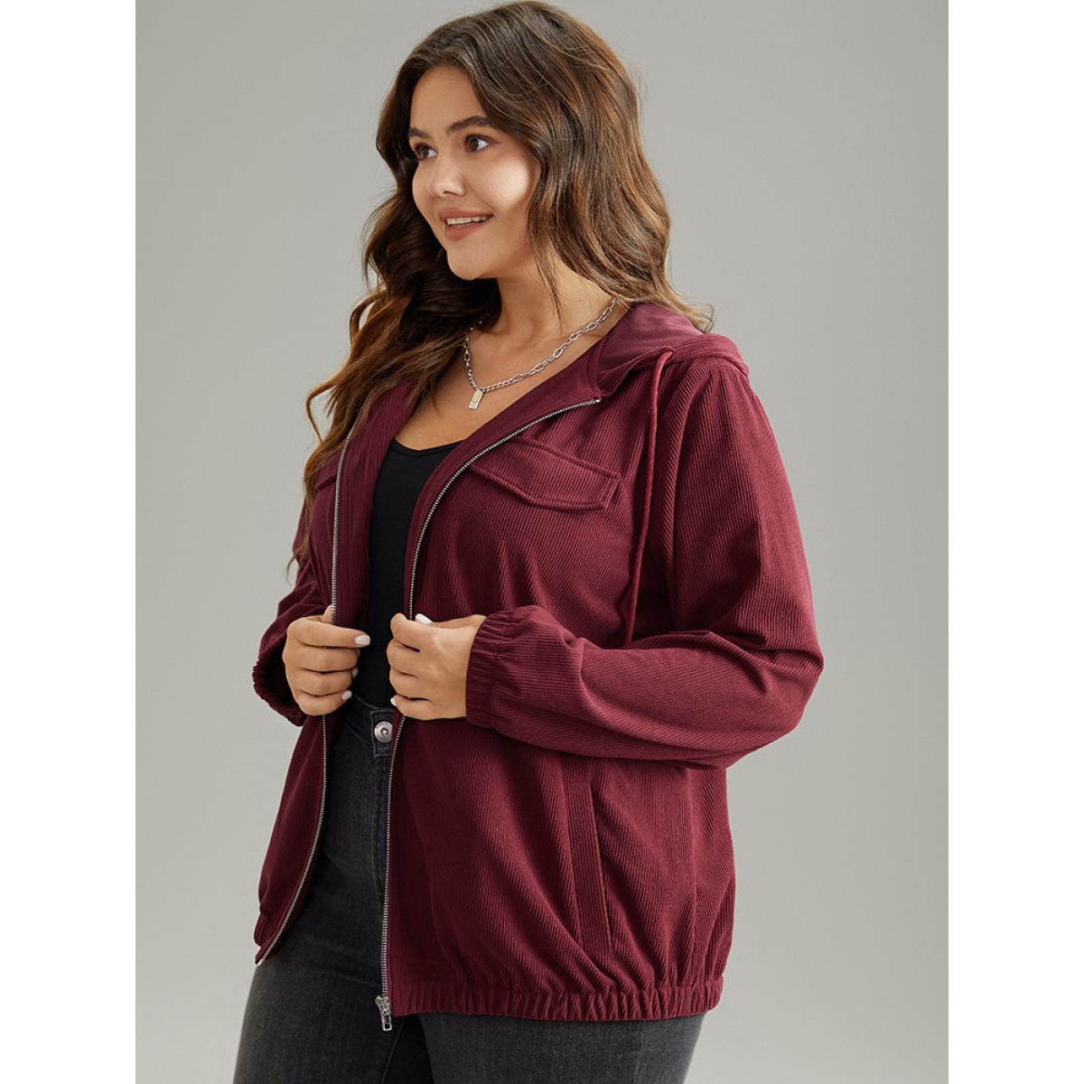 Plus Size Corduroy Hooded Flap Pocket Ties Jacket Women Burgundy Elastic cuffs Pocket Everyday Jackets BloomChic 18-20/2X Product Image