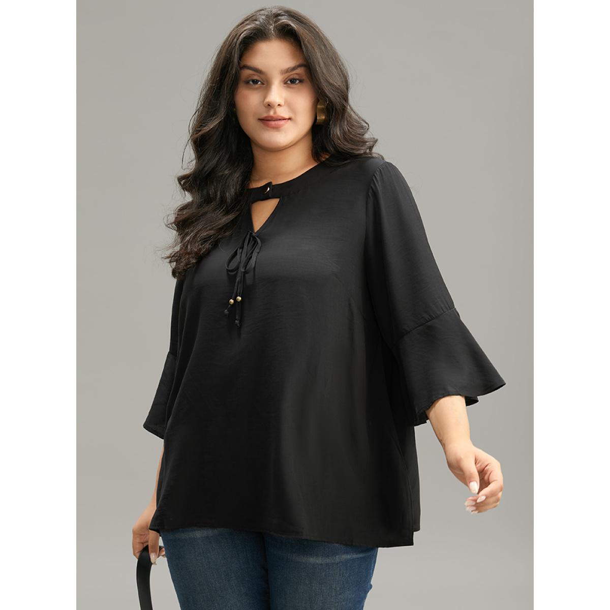 Plus Size Black Plain Ties Bell Sleeve Keyhole Button Up Blouse Women Office Elbow-length sleeve Keyhole Cut-Out Work Blouses BloomChic 28/5X Product Image