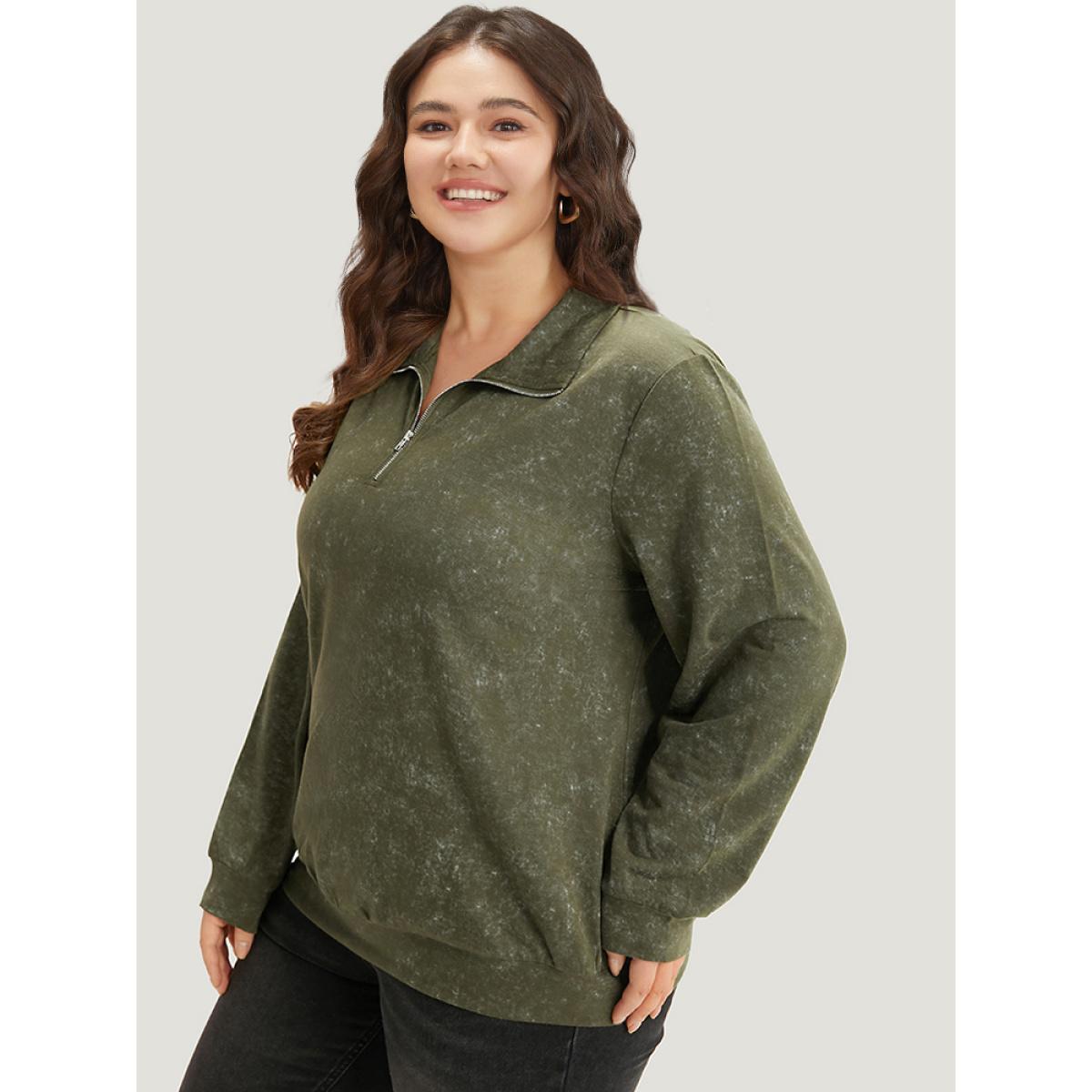 Plus Size Lapel Collar Zipper Elastic Hem Sweatshirt Women ArmyGreen Casual Elastic cuffs Lapel Collar Dailywear Sweatshirts BloomChic 26/4X Product Image