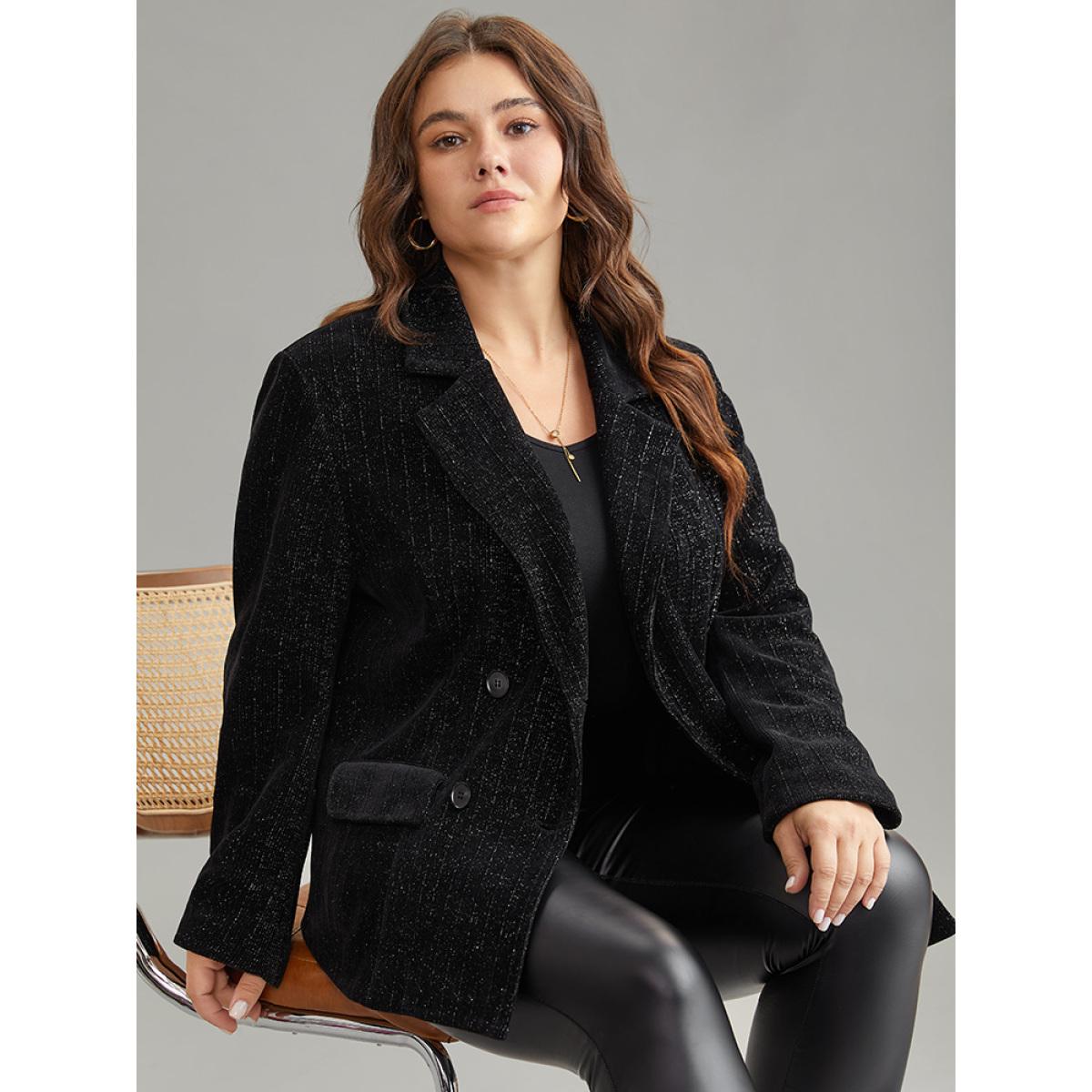 Plus Size Lurex Double Breasted Patched Pocket Blazer Black Women Dailywear Plain Velvet Sleeve Long Sleeve Suit Collar 14-16/1X Pocket Glamour Blazers BloomChic Product Image