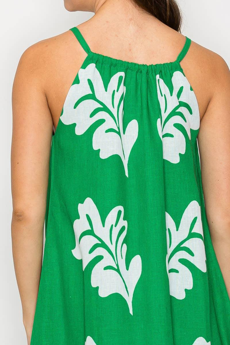 Green Leaves Placement Print Mini Halter Dress Product Image