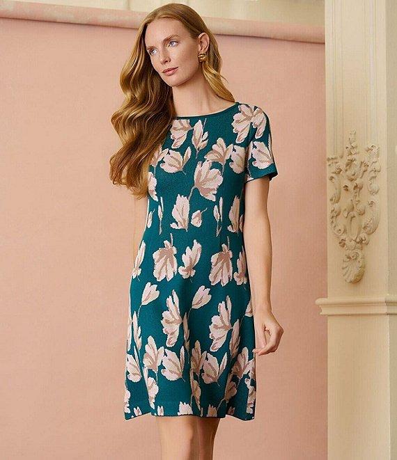 MISOOK Floral Knit Boat Neck Short Sleeve A-Line Dress Product Image