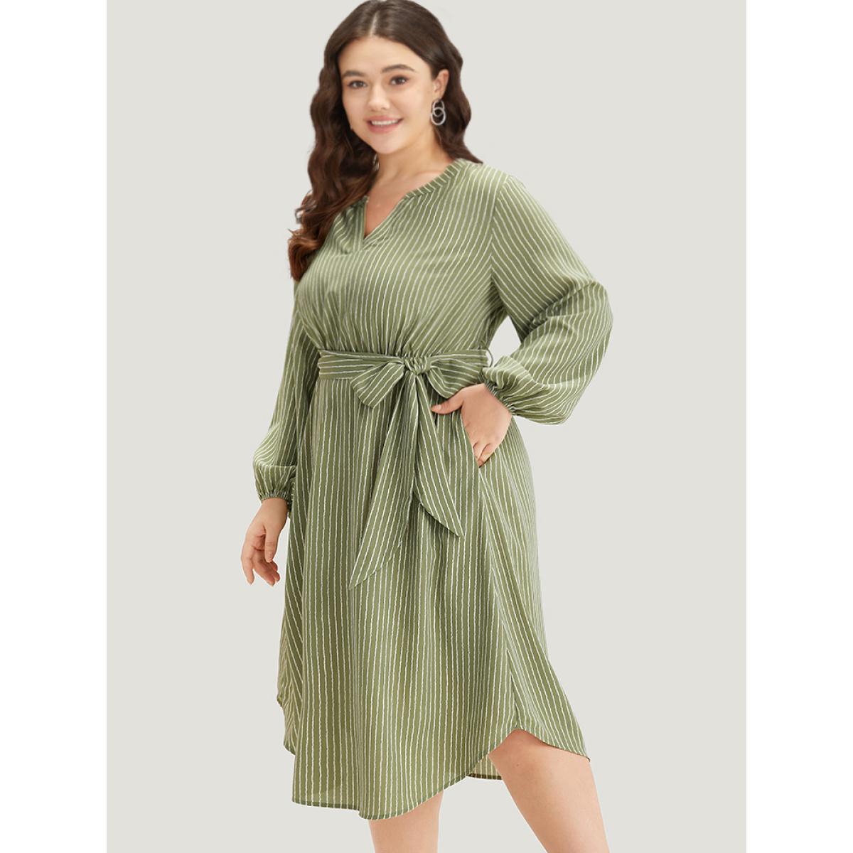 Plus Size Striped Notched Belted Lantern Sleeve Dress Sage Women Work From Home Elastic cuffs Notched collar Long Sleeve Curvy Midi Dress BloomChic 14-16/1X Product Image