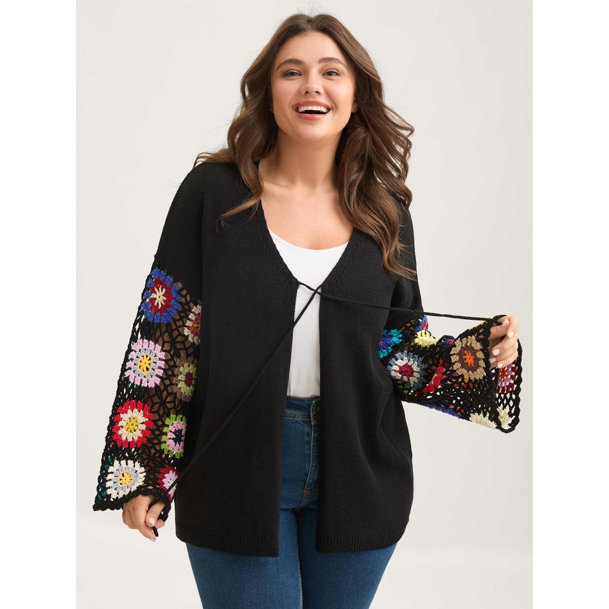 Plus Size Crochet Floral Tie Cut-Out Cardigan Black Women Playful Loose Long Sleeve Casual Cardigans BloomChic 18-20/2X Product Image