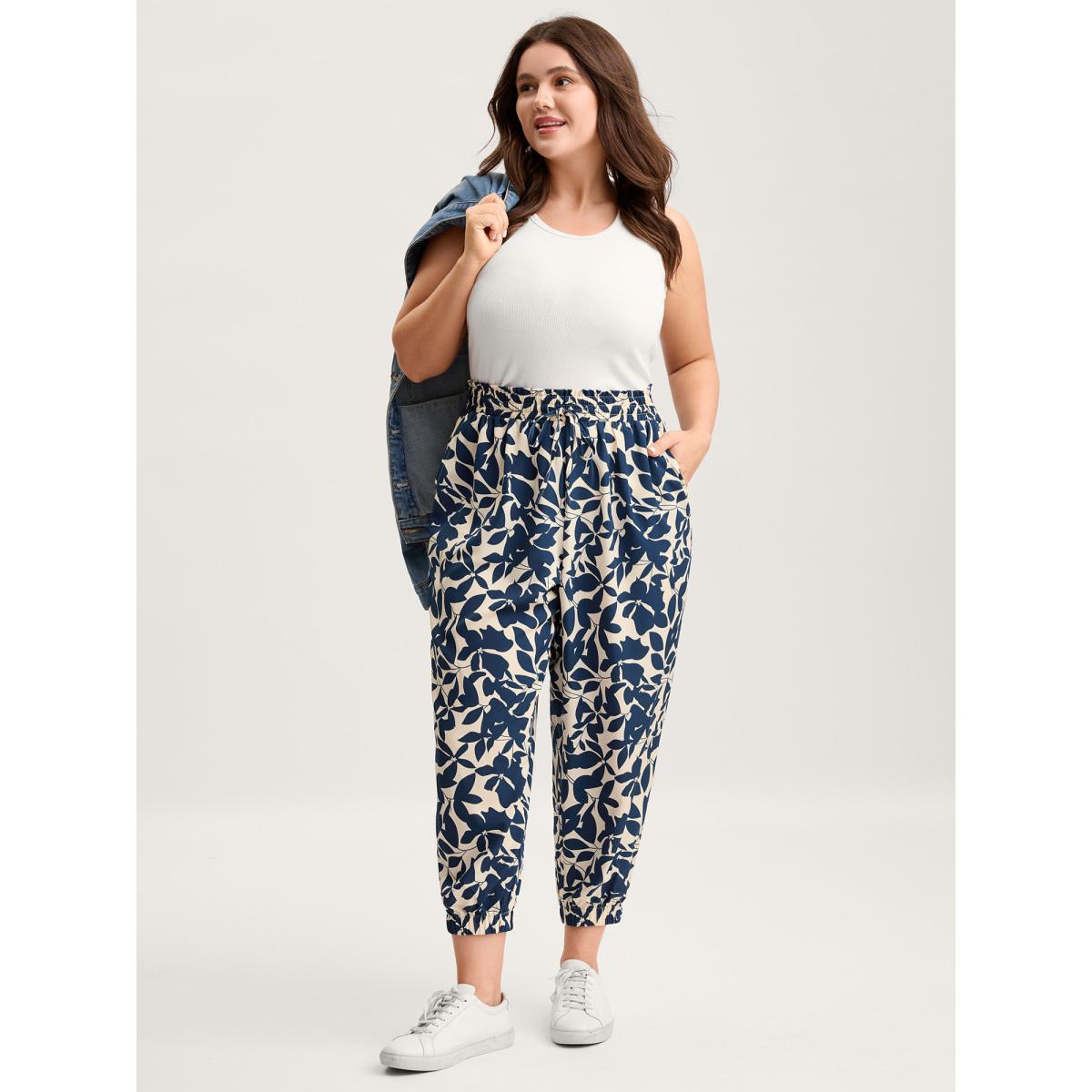 Plus Size Silhouette Flower Waist-Tie Jogger Pants Women Indigo Leisure Loose Mid Rise Casual Pants BloomChic 28/5X Product Image