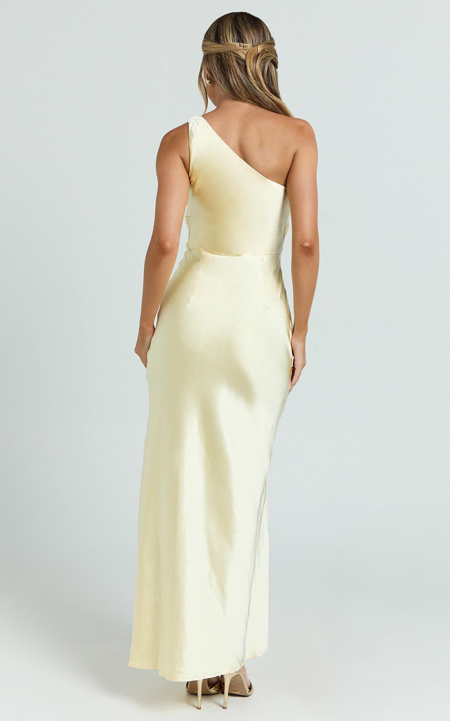 Isla Maxi Dress - Satin One Shoulder Side Split Dress in Lemon Product Image