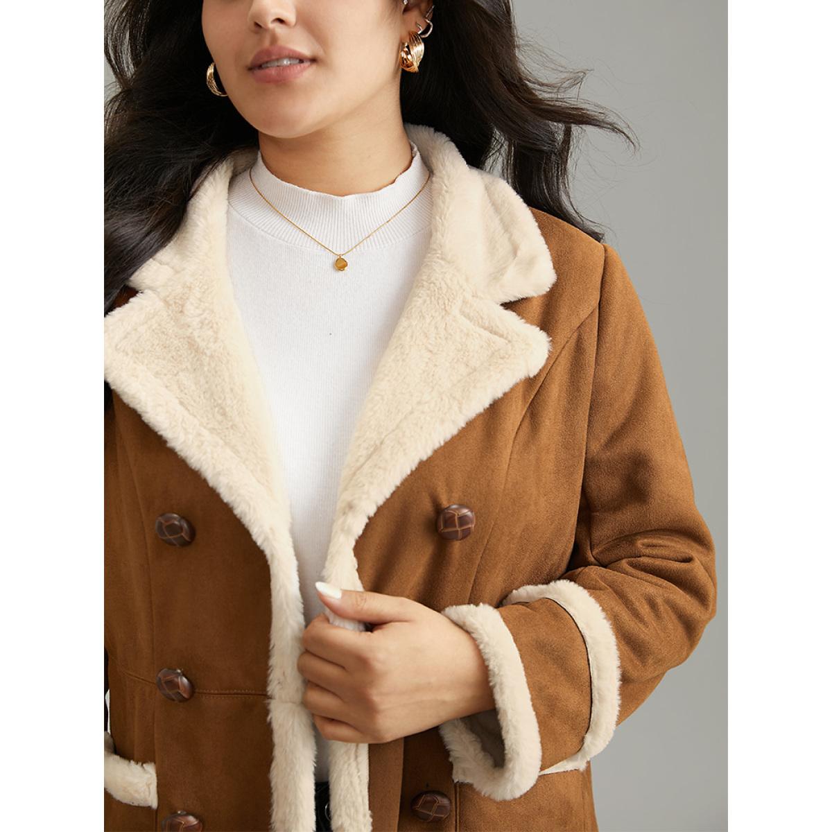 Plus Size Faux Suede Buckle Detail Fuzzy Trim Coat Women Chocolate Casual Lined Ladies Dailywear Winter Coats BloomChic 12/L Product Image