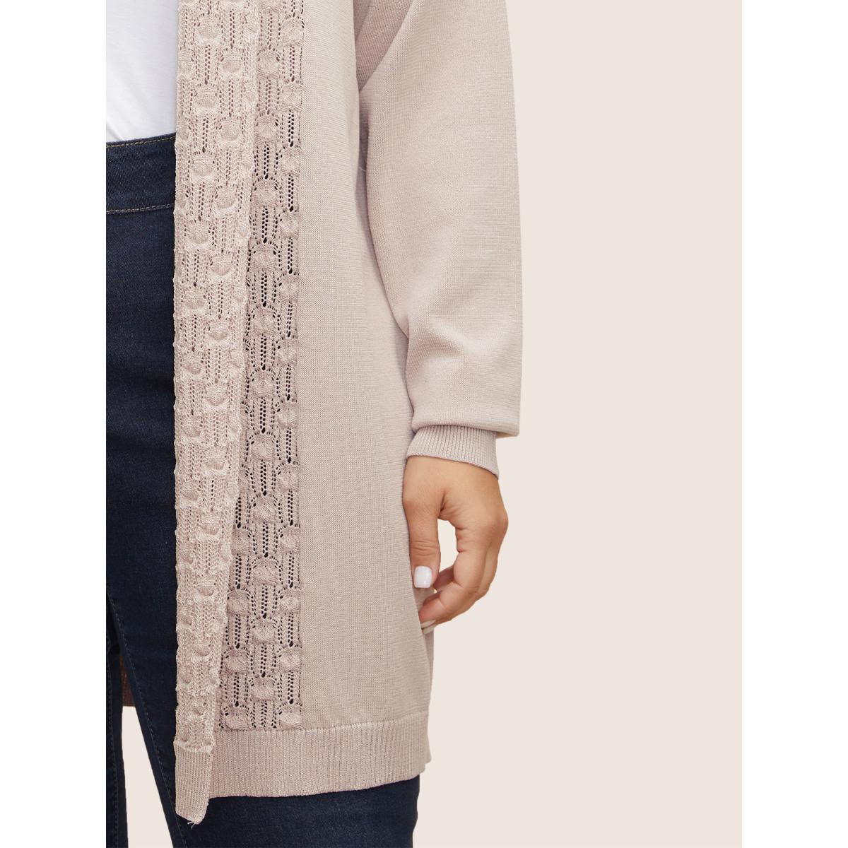 Plus Size Plain Lapel Collar Pointelle Knit Backless Cardigan Apricot Women Casual Long Sleeve Everyday Cardigans BloomChic 14-16/1X Product Image