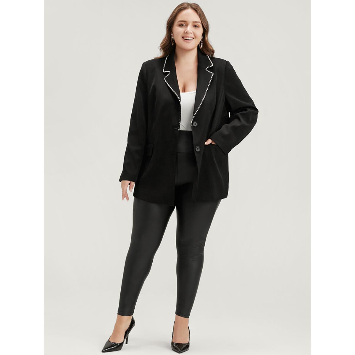 Plus Size Solid Beaded Button Up Flap Pocket Blazer Black Women Office Plain Beaded Sleeve Long Sleeve Suit Collar 10/M Pocket Office Blazers BloomChic Product Image