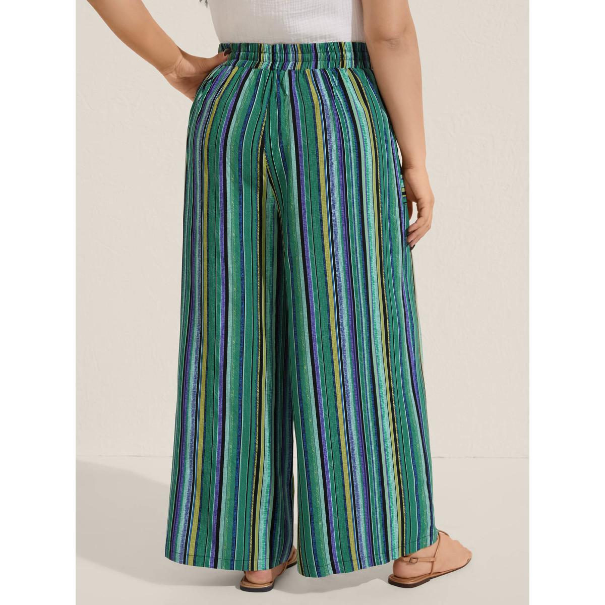Plus Size Boho Stripes Drawstring Wide-Leg Pants Women Emerald Boho Wide Leg Mid Rise Vacation Pants BloomChic 12/L Product Image