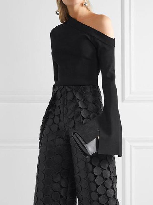 Long Sleeves Skinny Asymmetric Solid Color One-Shoulder T-Shirts Tops Product Image