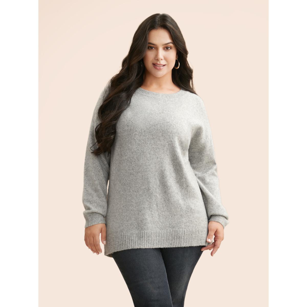 Plus Size Airy Cozy Drop Shoulder Wool Pullover LightGray Women Casual Long Sleeve Round Neck Everyday Pullovers BloomChic 28/5X Product Image