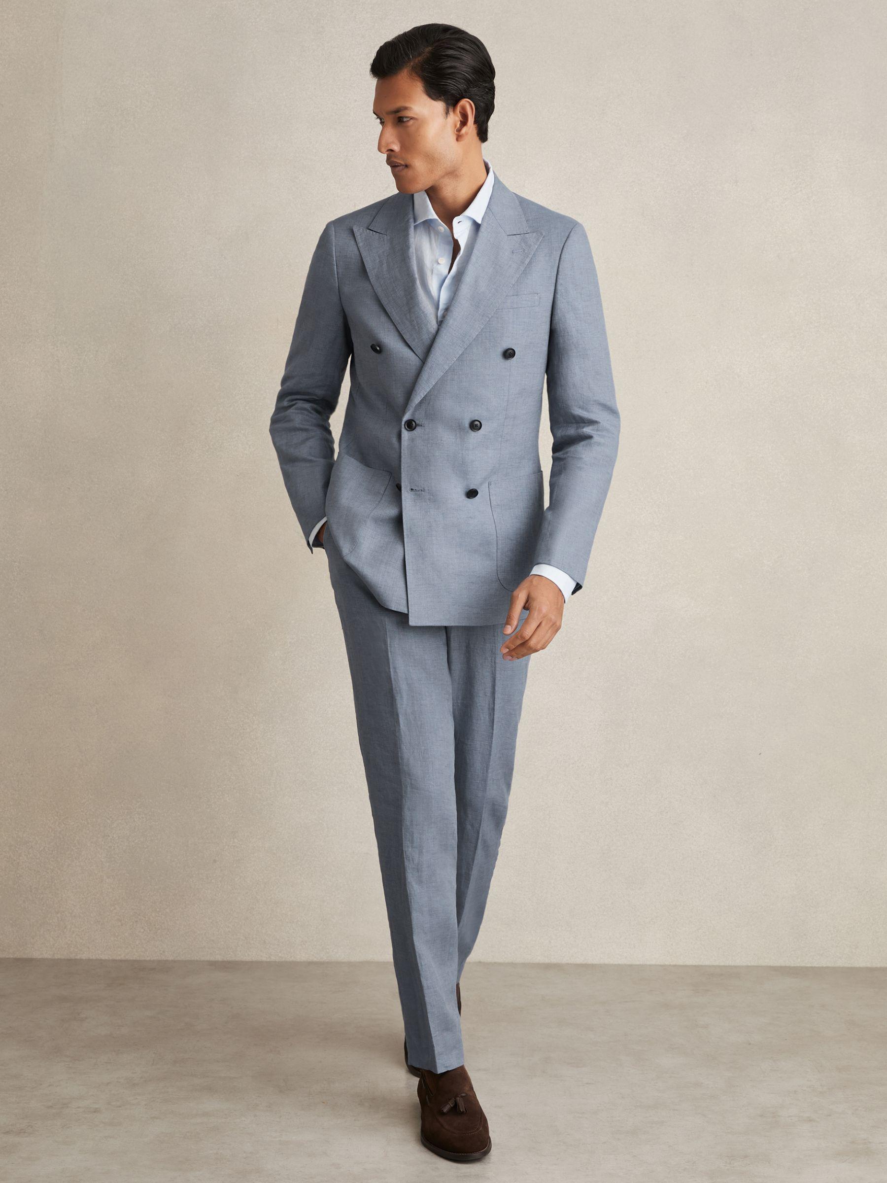 Slim-Fit Linen Double-Breasted Suit Blazer in Airforce Blue Product Image