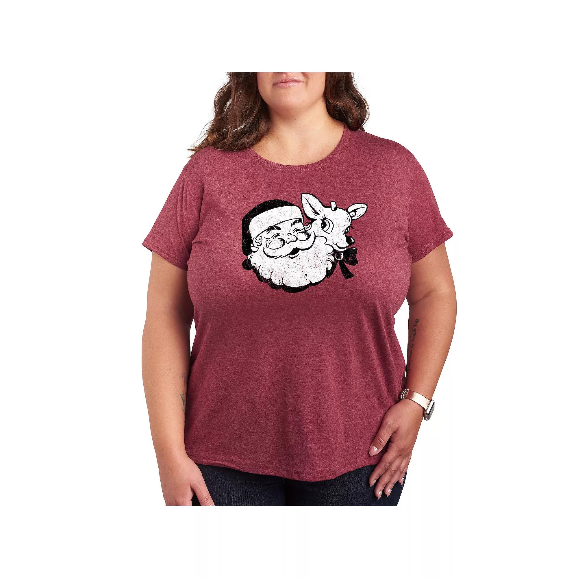 Plus Size Santa & Reindeer Holiday Graphic Tee, Womens Grey Gray Product Image
