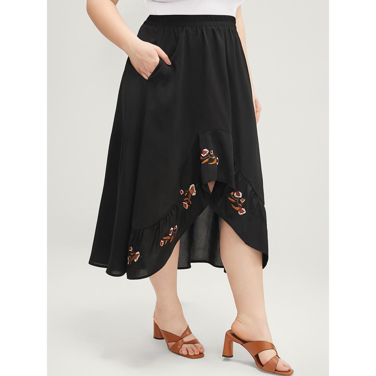 Plus Size Floral Embroidered Pocket Asymmetrical Hem Skirt Women Black Vacation Embroidered Loose No stretch Pocket Dailywear Skirts BloomChic 30/6X Product Image