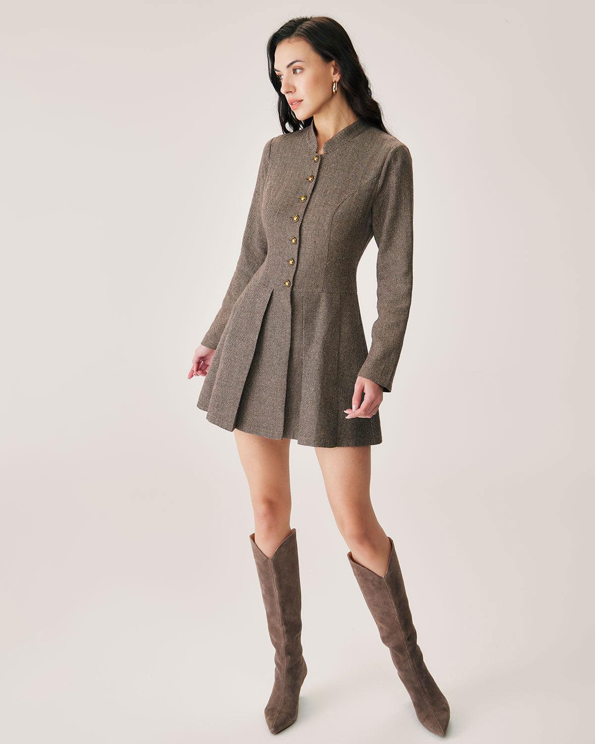 Brown Button Pleated Mini Dress Product Image