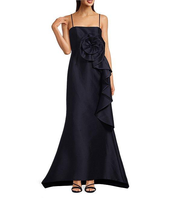 Muse by Marchesa Stretch Mikado 3D Rosette Running Side Ruffle Straight Neck Spaghetti Strap Fit and Flare Gown Product Image