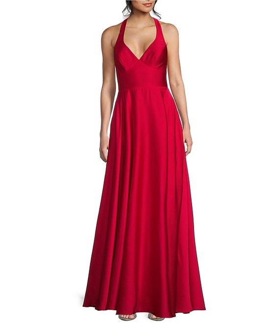 B. Darlin Bubble Satin Deep V-Neck Wide Strap Dress Product Image