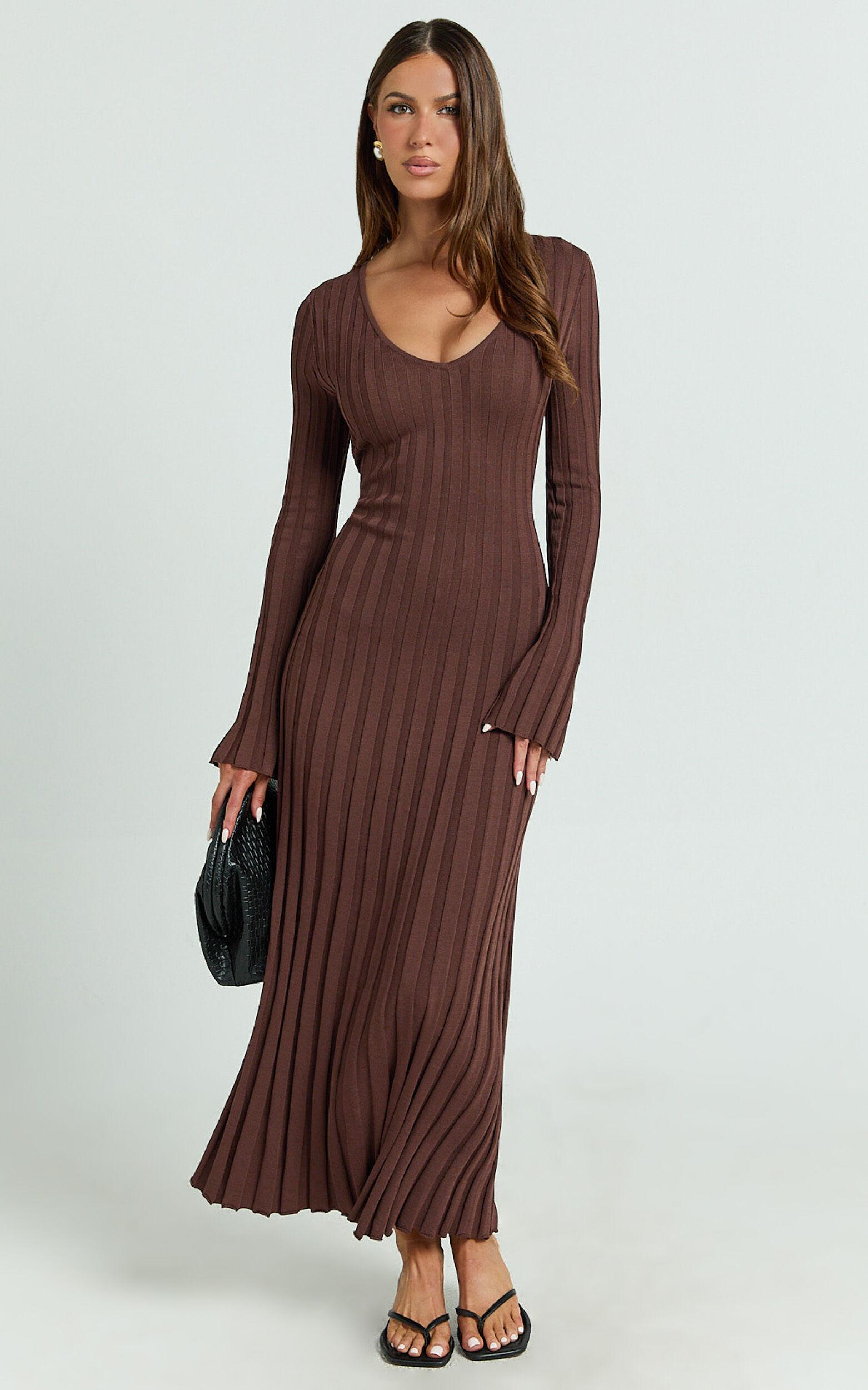 Astra Maxi Dress - V Neck Long Sleeve Knit Dress in Chocolate Product Image