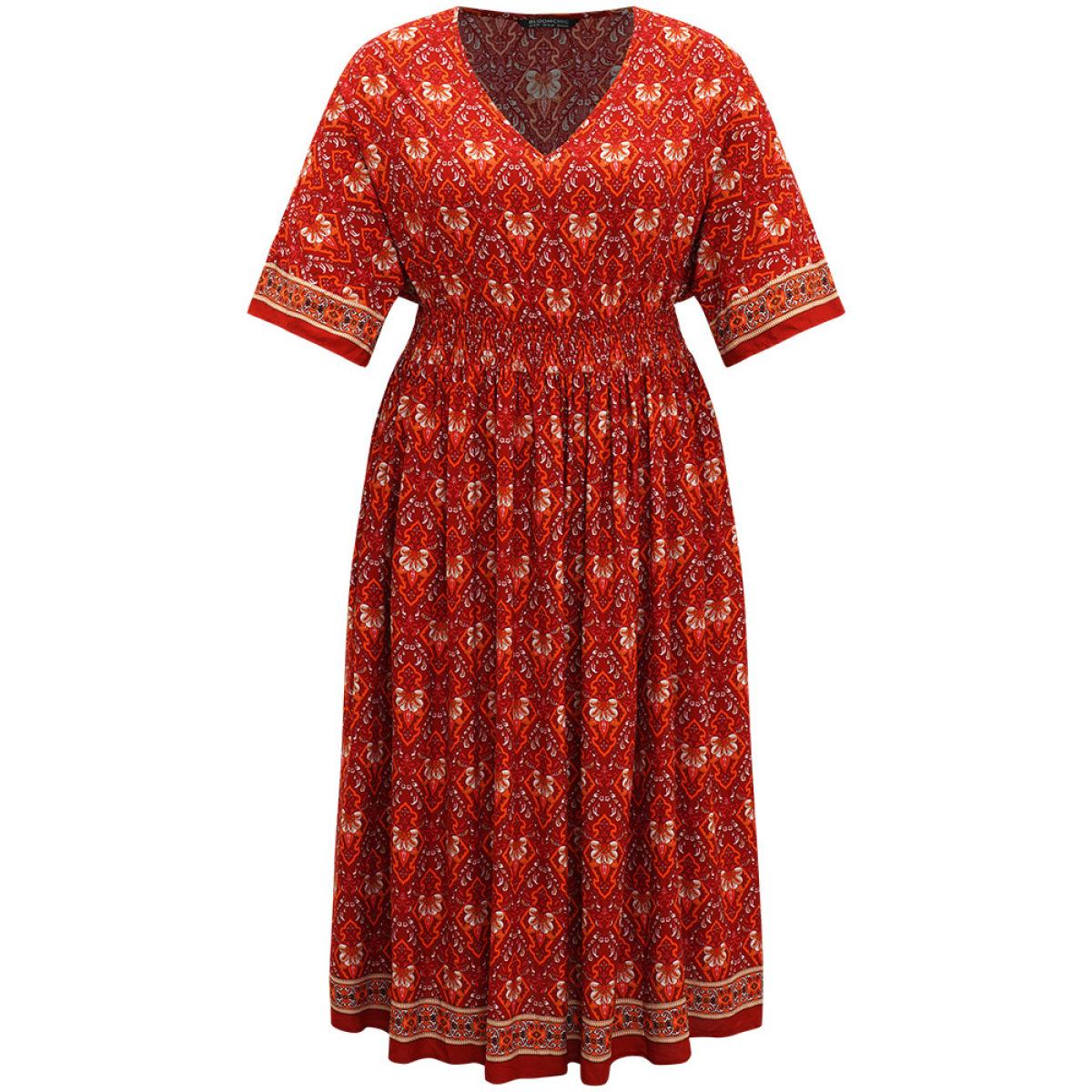 Plus Size Bandana Print Batwing Sleeve Shirred Dress Crimson Women Vacation Printed V-neck Half Sleeve Curvy Midi Dress BloomChic 22-24/3X Product Image