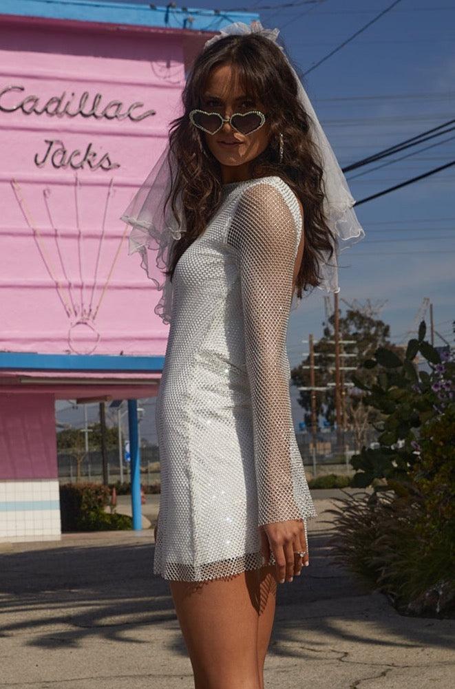 Anna White Rhinestone Mesh Mini Dress Product Image