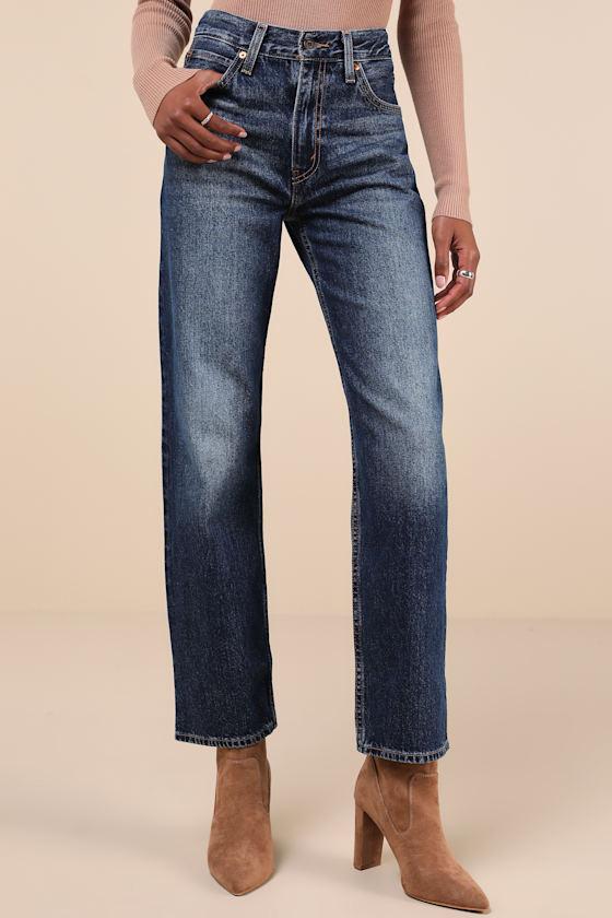 Baggy Dad Dark Wash Cotton Denim Mid-Rise Wide-Leg Jeans Product Image