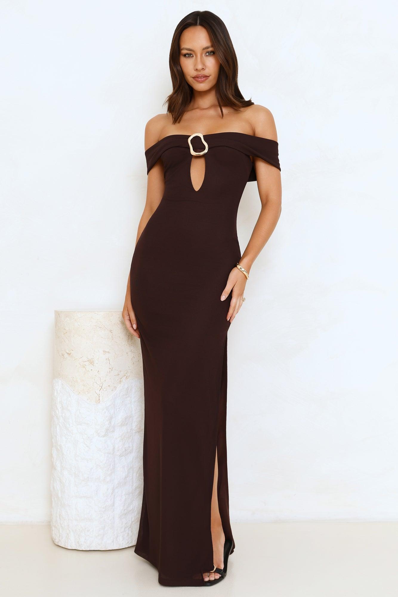 High End Highlights Off Shoulder Maxi Dress Brown Product Image