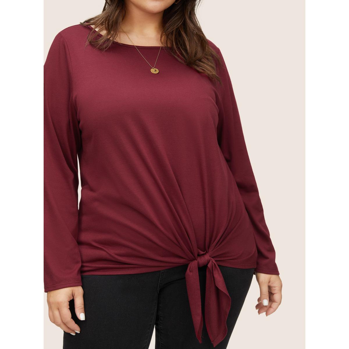 Plus Size Plain Crew Neck Ties T-shirt Burgundy Women Casual Non Plain Round Neck Everyday T-shirts BloomChic 10/M Product Image