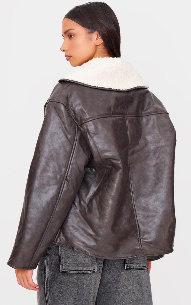 Washed Brown Distressed Faux Leather Borg Contrast Aviator Jacket Product Image
