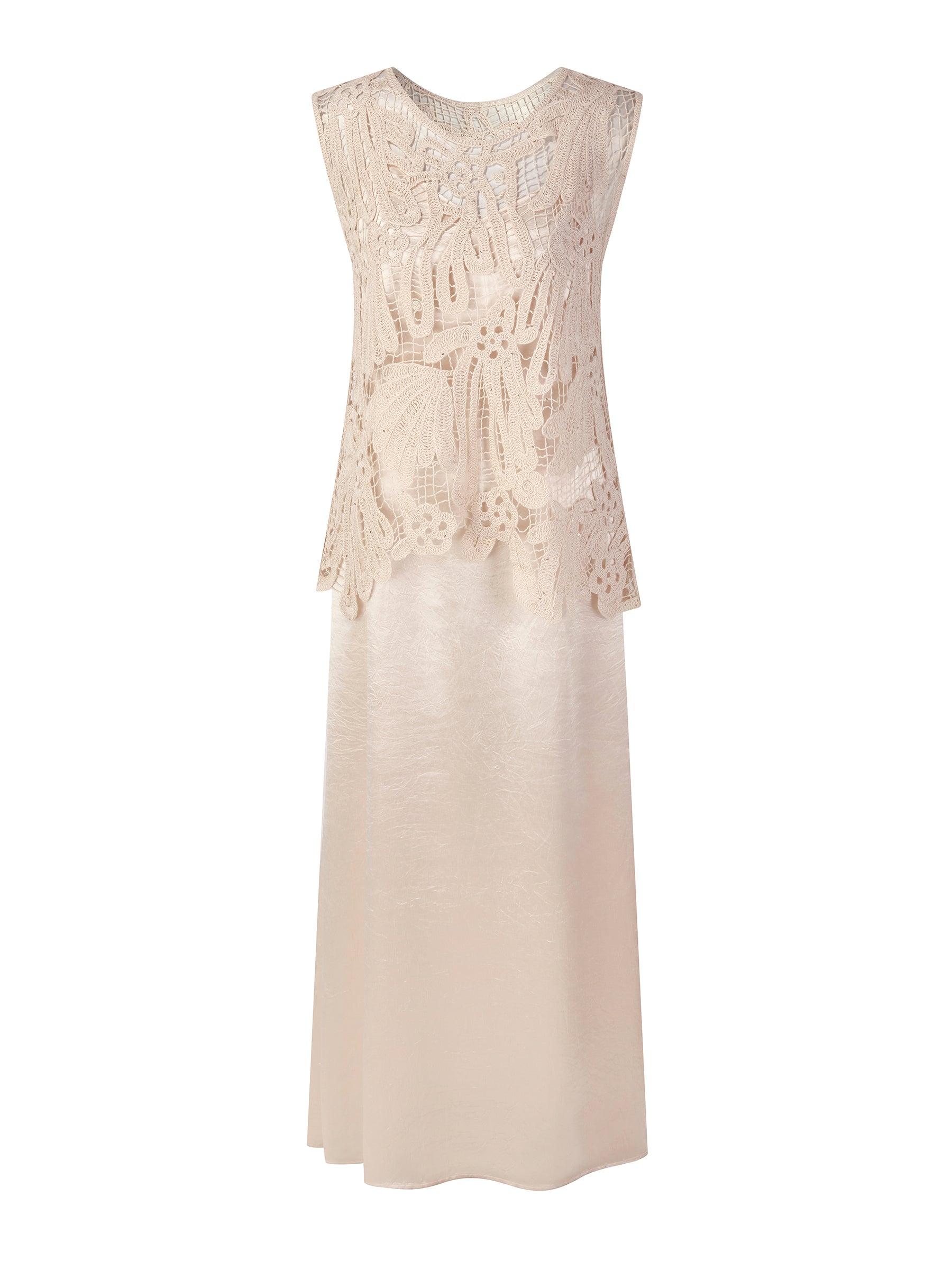 100% Acetate Openwork Crochet Tank Top And Slip Dress Two-Piece Set Product Image